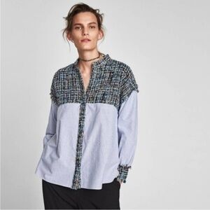 ZARA Tweed Fringe Striped Button Down Top Size XS
